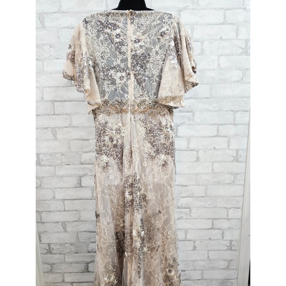 Mac Duggal Women 12 Sequin Beaded Lace Flutter Sleeve Maxi Gown Taupe Champagne - Picture 9 of 14